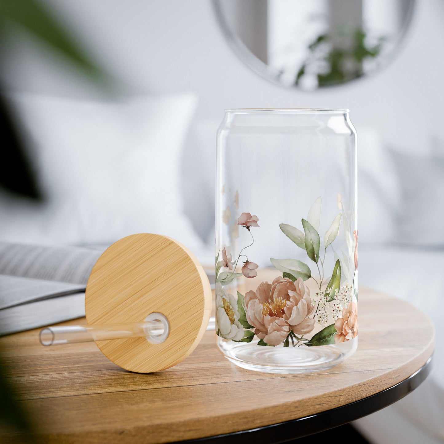 16oz Glass Floral Cup with Straw