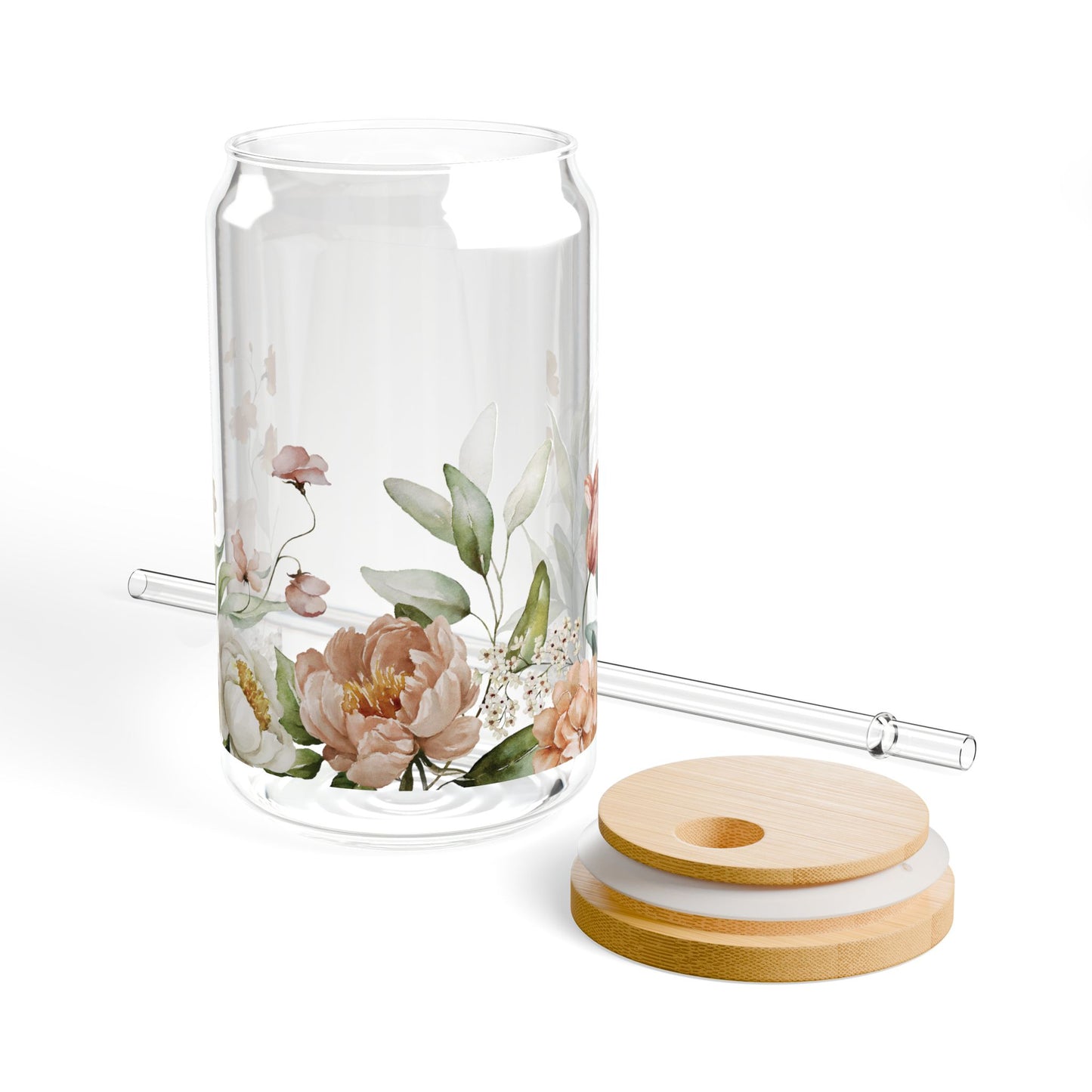 16oz Glass Floral Cup with Straw